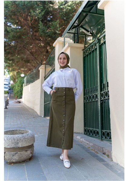Boydan Düğmeli Gabardin Etek