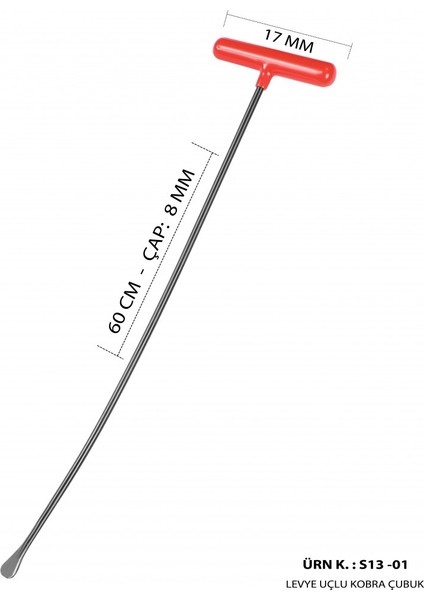 60 cm 8 mm Çap Levye Uçlu Kobra Boyasız Göçük Düzeltme Çubuğu, Pdr Çubuk - S13-01
