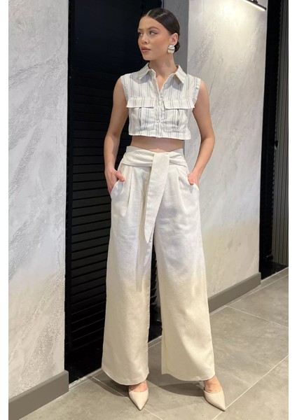 Bel Bağlamalı Fermuarlı Kadın Keten Pantolon P-00016608