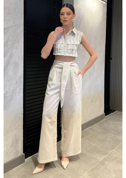 Bel Bağlamalı Fermuarlı Kadın Keten Pantolon P-00016608 fiyatları