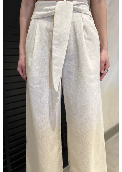 Bel Bağlamalı Fermuarlı Kadın Keten Pantolon P-00016608 fırsatları