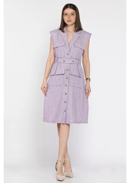 Kadın Kruvaze Yaka Kuşak Detaylı Boydan Düğmeli Elbise P-00016871