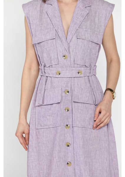 Kadın Kruvaze Yaka Kuşak Detaylı Boydan Düğmeli Elbise P-00016871 fırsatları