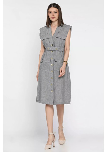 Kadın Kruvaze Yaka Kuşak Detaylı Boydan Düğmeli Elbise P-00016871
