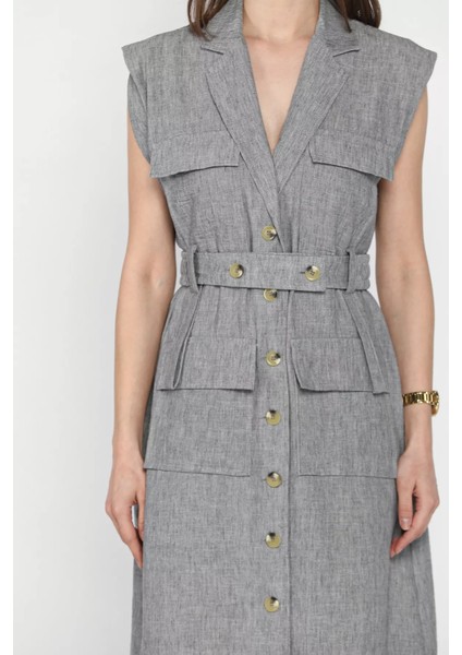 Kadın Kruvaze Yaka Kuşak Detaylı Boydan Düğmeli Elbise P-00016871 fırsatları