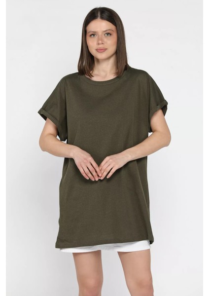 Kol Katlamalı Bisiklet Yaka Kadın Uzun Tişört (M-L-Xl Uyumludur) P-00016852