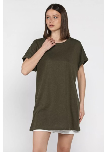 Kol Katlamalı Bisiklet Yaka Kadın Uzun Tişört (M-L-Xl Uyumludur) P-00016852