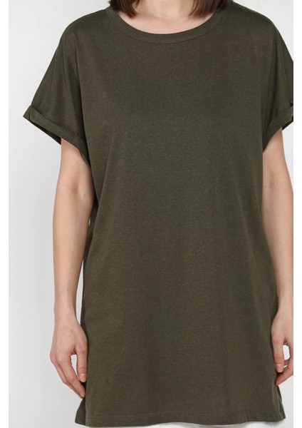 Kol Katlamalı Bisiklet Yaka Kadın Uzun Tişört (M-L-Xl Uyumludur) P-00016852