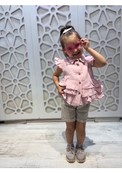 Müslin Düğmeli Fırfırlı Gömlek Keten Şort Kız Çocuk Alt Üst Takım