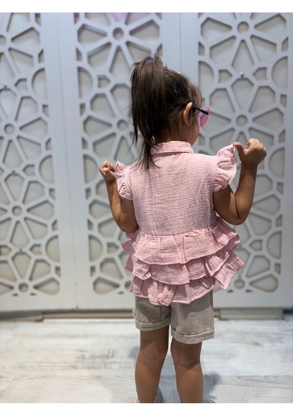 Müslin Düğmeli Fırfırlı Gömlek Keten Şort Kız Çocuk Alt Üst Takım fiyatları