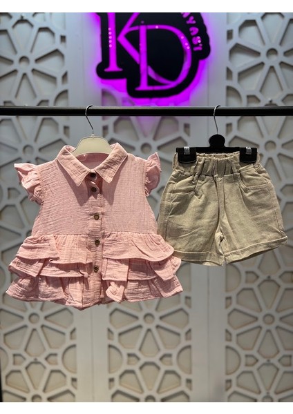 Müslin Düğmeli Fırfırlı Gömlek Keten Şort Kız Çocuk Alt Üst Takım modelleri