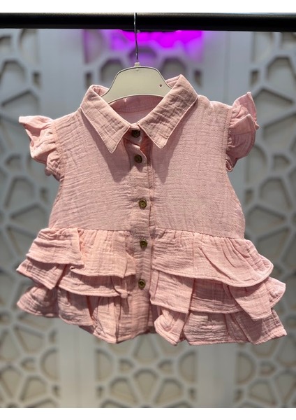Müslin Düğmeli Fırfırlı Gömlek Keten Şort Kız Çocuk Alt Üst Takım fırsatları