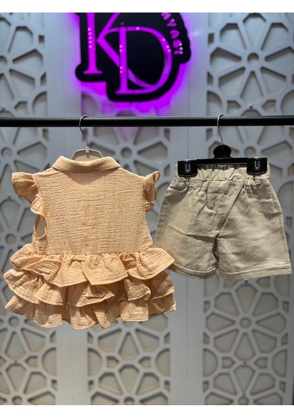 Müslin Düğmeli Fırfırlı Gömlek Keten Şort Kız Çocuk Alt Üst Takım fiyatları
