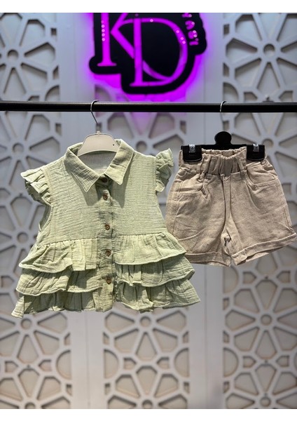 Müslin Düğmeli Fırfırlı Gömlek Keten Şort Kız Çocuk Alt Üst Takım