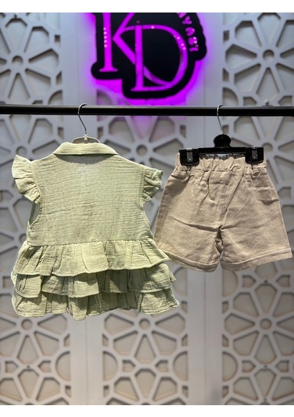 Müslin Düğmeli Fırfırlı Gömlek Keten Şort Kız Çocuk Alt Üst Takım fiyatları