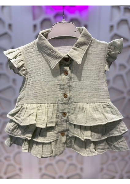 Müslin Düğmeli Fırfırlı Gömlek Keten Şort Kız Çocuk Alt Üst Takım modelleri