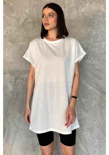 Kol Katlamalı Bisiklet Yaka Kadın Uzun Tişört (M-L-Xl Uyumludur) P-00016852