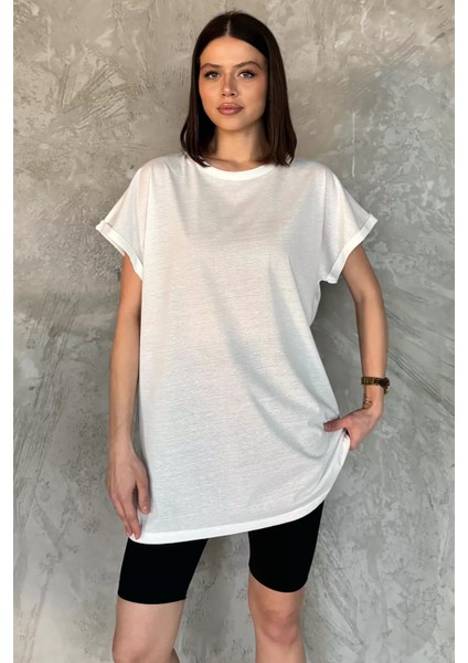 Kol Katlamalı Bisiklet Yaka Kadın Uzun Tişört (M-L-Xl Uyumludur) P-00016852