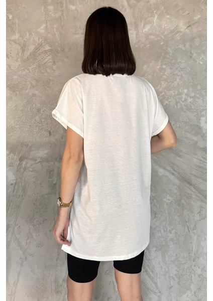 Kol Katlamalı Bisiklet Yaka Kadın Uzun Tişört (M-L-Xl Uyumludur) P-00016852
