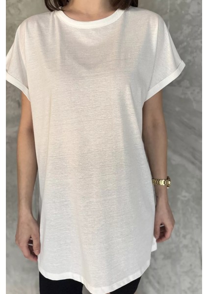 Kol Katlamalı Bisiklet Yaka Kadın Uzun Tişört (M-L-Xl Uyumludur) P-00016852