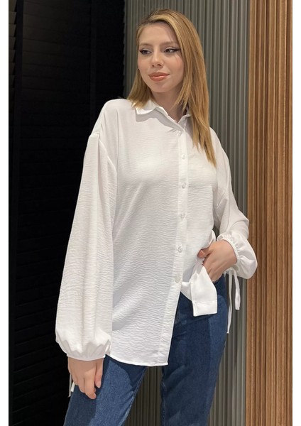 Yan Büzgülü Bağcıklı Kadın Gömlek P-00016622