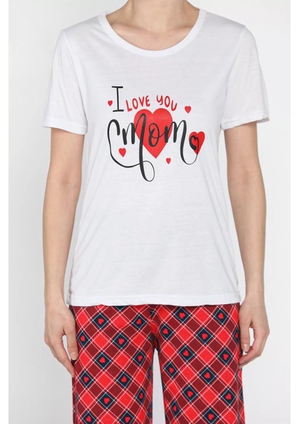 Kadın Kalp Baskılı Ekose Desenli Yarım Kol Pijama Takımı P-00016632
