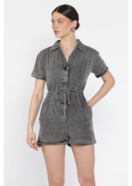 Kol Katlamalı Bel Bağcıklı Jean Kot Tulum P-00016627