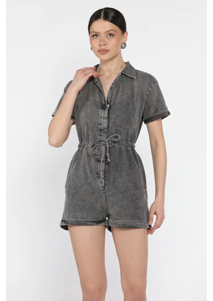 Kol Katlamalı Bel Bağcıklı Jean Kot Tulum P-00016627
