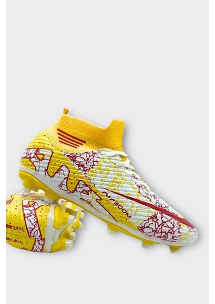 Çoraplı Bilekli Boğazlı Krampon Futbol Ayakkabısı Beyaz - Altın