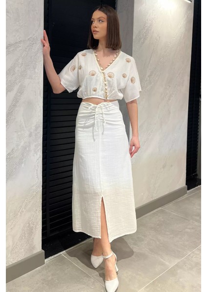 Kadın Nakışlı Taşlı Keten Bluz Etek Ikili Takım P-00016625