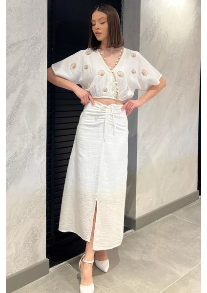 Kadın Nakışlı Taşlı Keten Bluz Etek Ikili Takım P-00016625 fiyatları