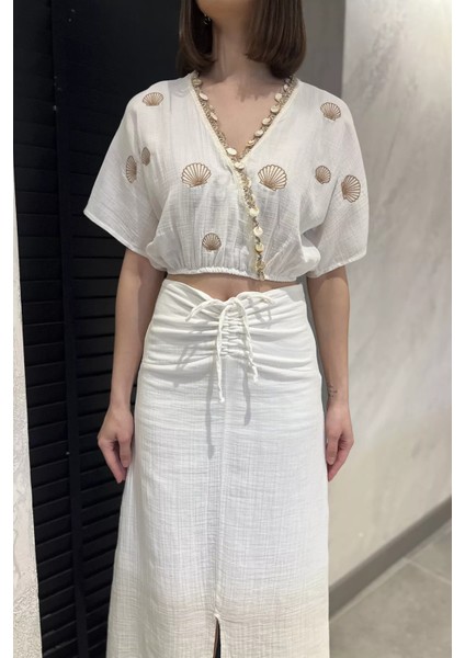 Kadın Nakışlı Taşlı Keten Bluz Etek Ikili Takım P-00016625 fırsatları