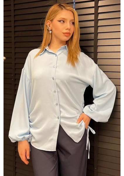 Yan Büzgülü Bağcıklı Kadın Gömlek P-00016622