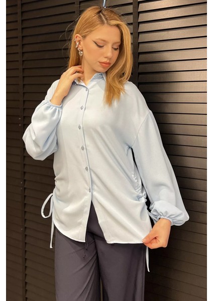 Yan Büzgülü Bağcıklı Kadın Gömlek P-00016622 fiyatları