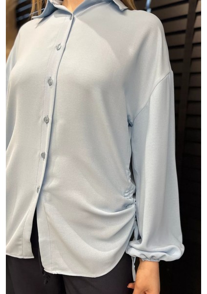 Yan Büzgülü Bağcıklı Kadın Gömlek P-00016622 fırsatları