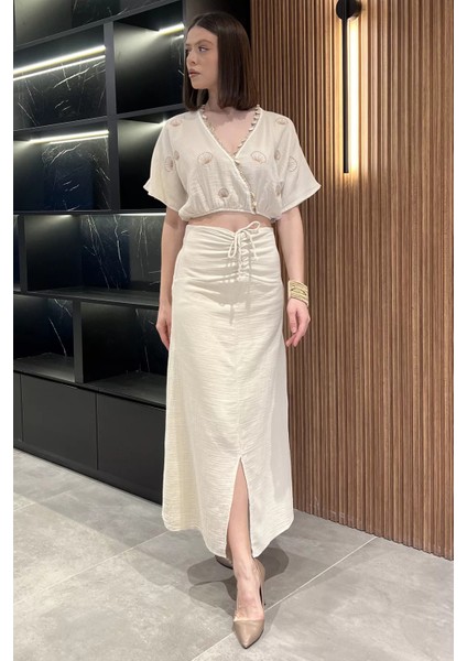 Kadın Nakışlı Taşlı Keten Bluz Etek Ikili Takım P-00016625