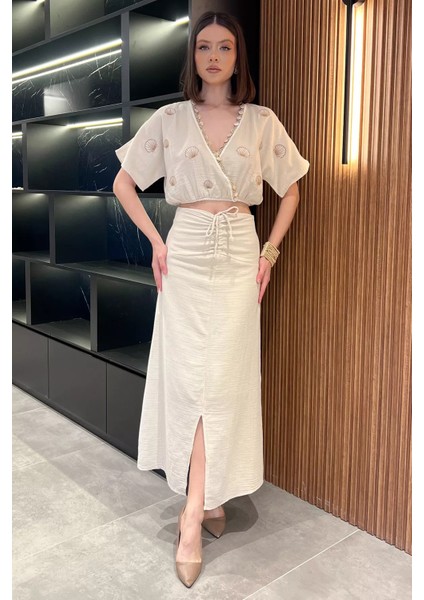 Kadın Nakışlı Taşlı Keten Bluz Etek Ikili Takım P-00016625 fiyatları
