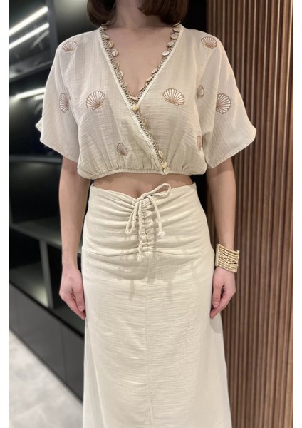 Kadın Nakışlı Taşlı Keten Bluz Etek Ikili Takım P-00016625 modelleri