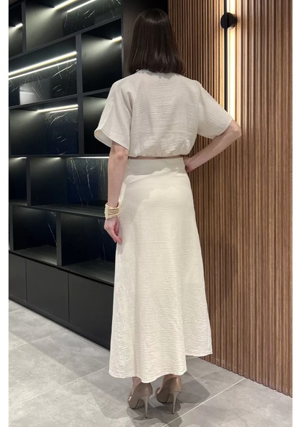 Kadın Nakışlı Taşlı Keten Bluz Etek Ikili Takım P-00016625 fırsatları