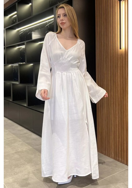 Kadın Yırtmaçlı Bel Lastikli Keten Elbise P-00016626