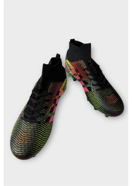 Erkek Boğazlı Renkli Desenli Halı Saha ve Çim Saha Kramponu Siyah modelleri