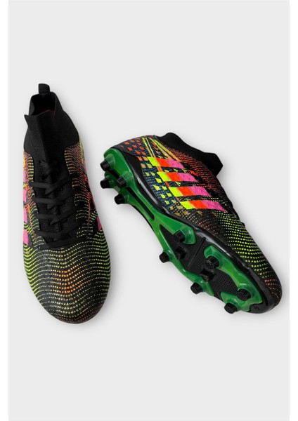 Erkek Boğazlı Renkli Desenli Halı Saha ve Çim Saha Kramponu Siyah fırsatları