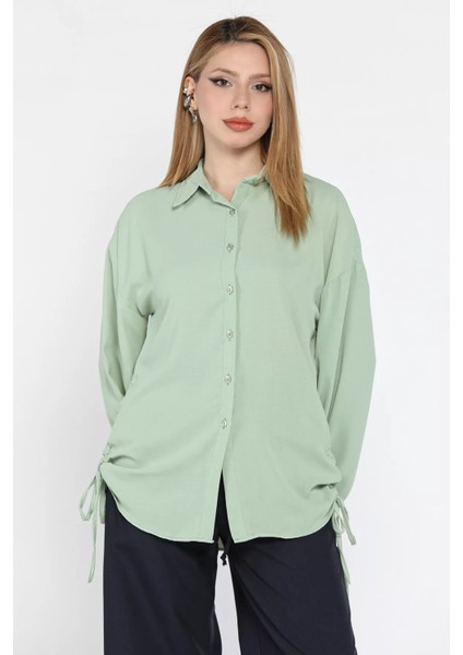 Yan Büzgülü Bağcıklı Kadın Gömlek P-00016622
