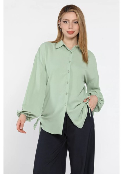 Yan Büzgülü Bağcıklı Kadın Gömlek P-00016622 fiyatları