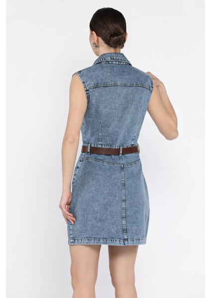 Kadın Gömlek Yaka Ön Düğmeli Kemer Detaylı Jean Kot Elbise P-00016789 modelleri