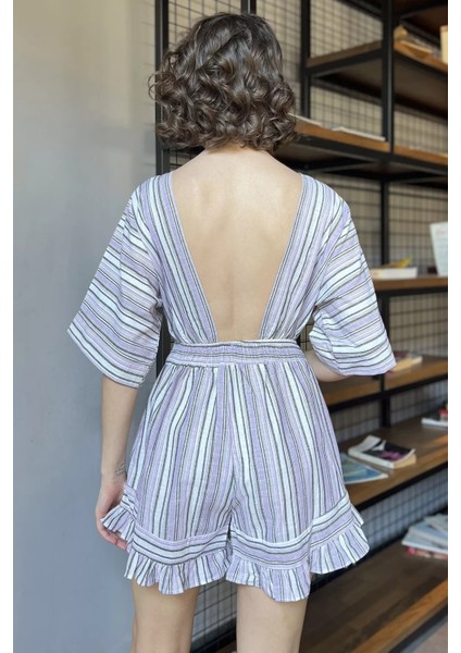 Kadın Çizgi Desenli Keten Şortlu Tulum P-00016618 modelleri