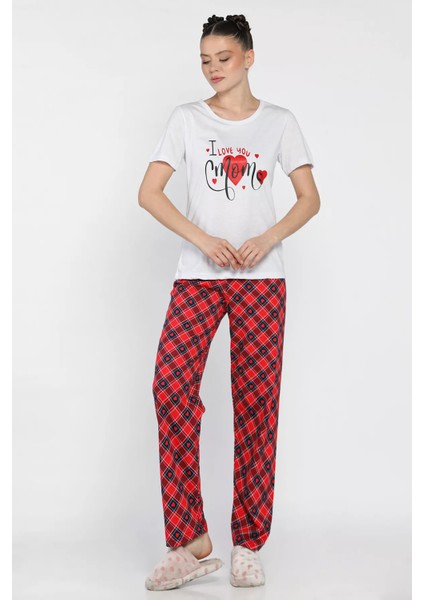 Kadın Kalp Baskılı Ekose Desenli Yarım Kol Pijama Takımı P-00016632 fiyatları