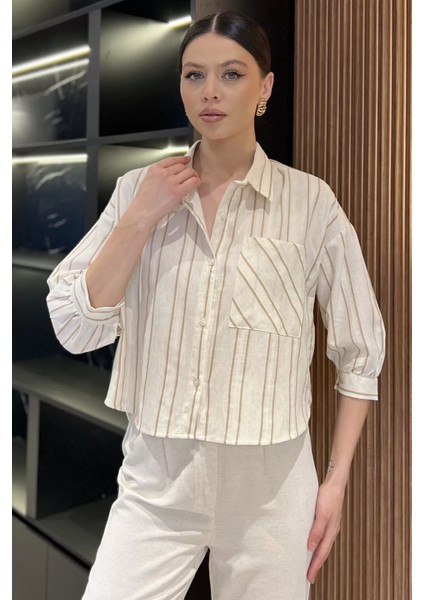 Çizgili Cepli Kadın Keten Gömlek P-00016621