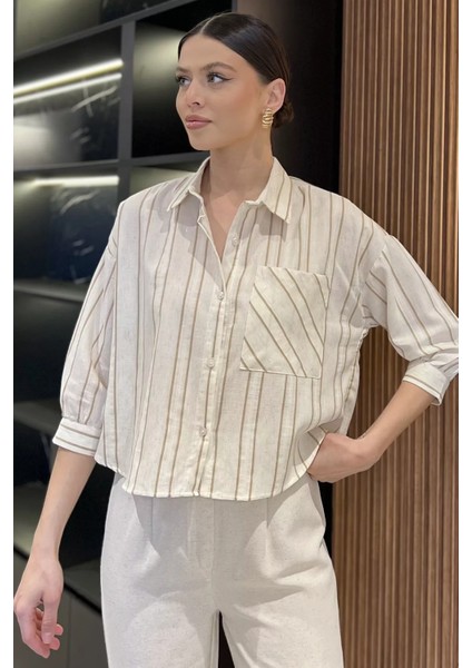 Çizgili Cepli Kadın Keten Gömlek P-00016621 fiyatları