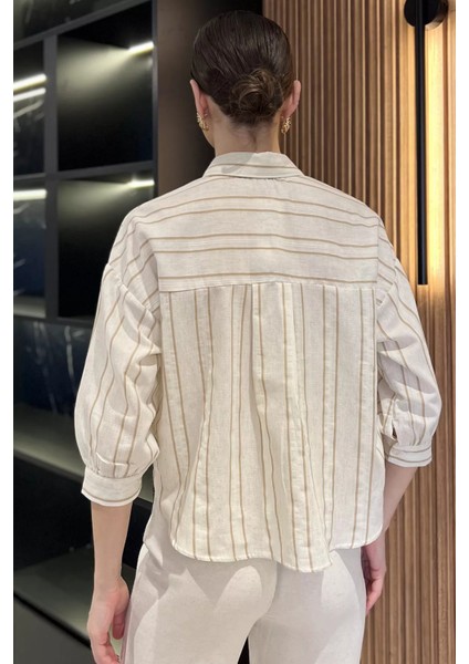 Çizgili Cepli Kadın Keten Gömlek P-00016621 modelleri